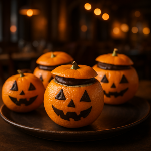 Mandarins decorated as mini Jack-o'-lanterns for Halloween.