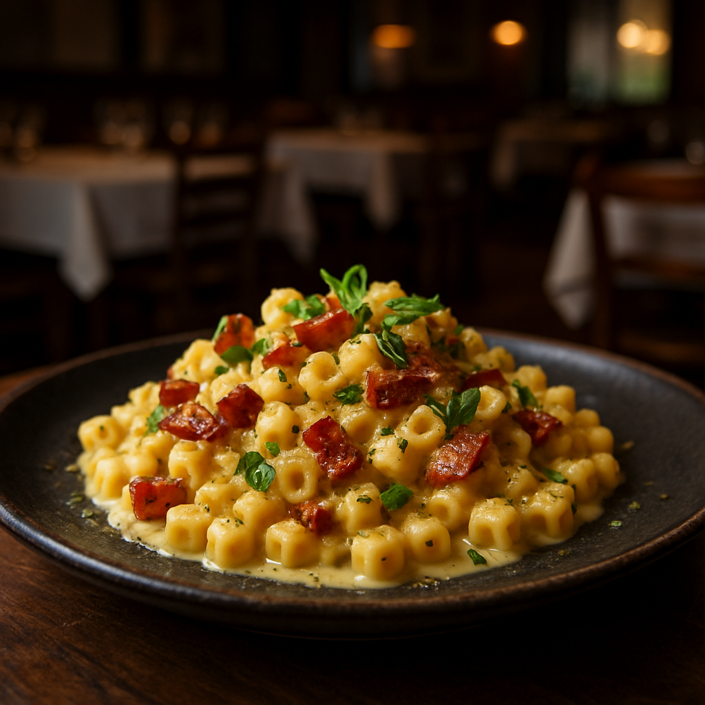 A plate of creamy Pasta alla Mattacchiona with guanciale and fresh herbs.