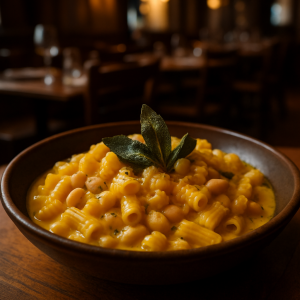 A bowl of pasta with creamy potato, beans, and saffron sauce garnished with sage.