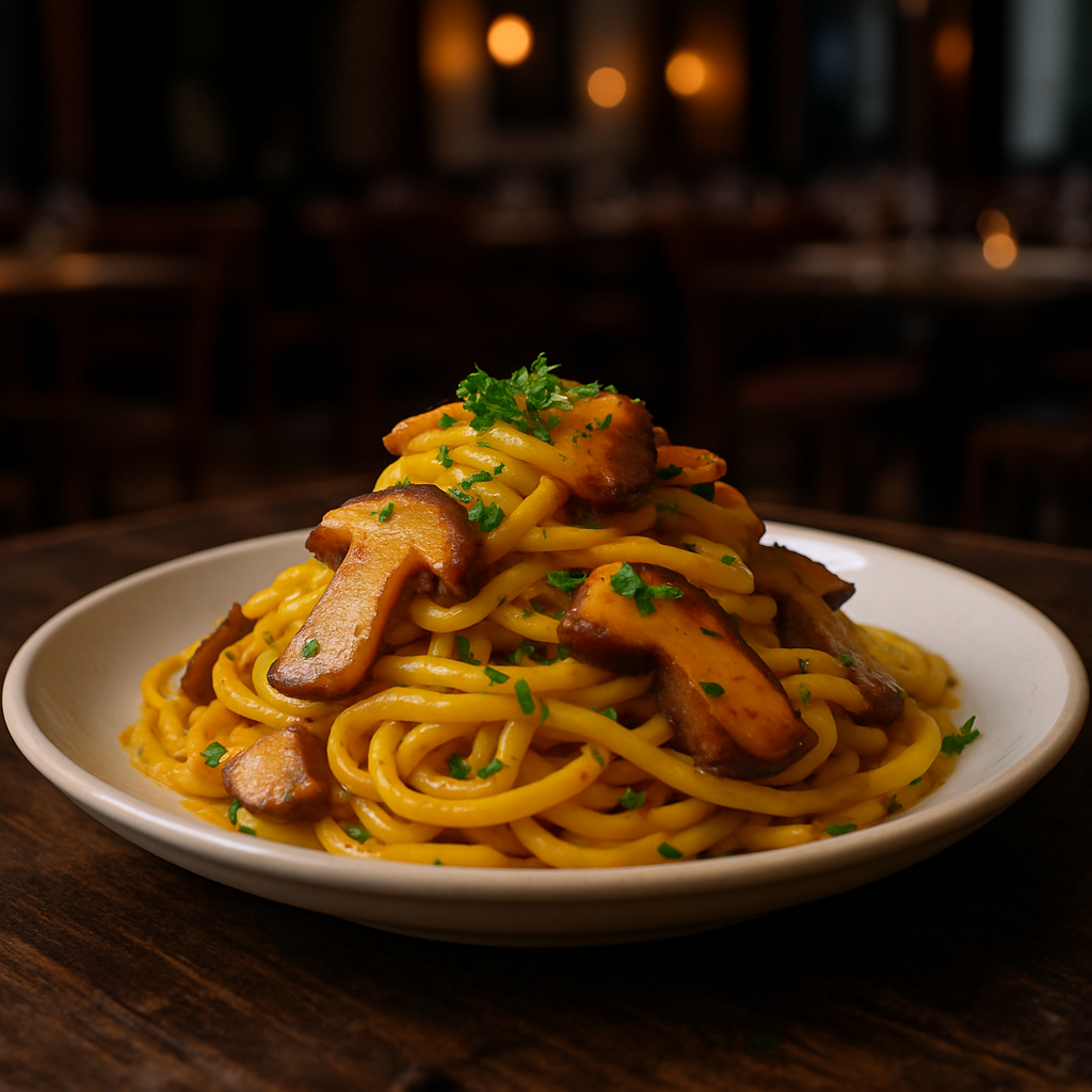 A plate of pasta with porcini mushrooms and saffron garnished with parsley.