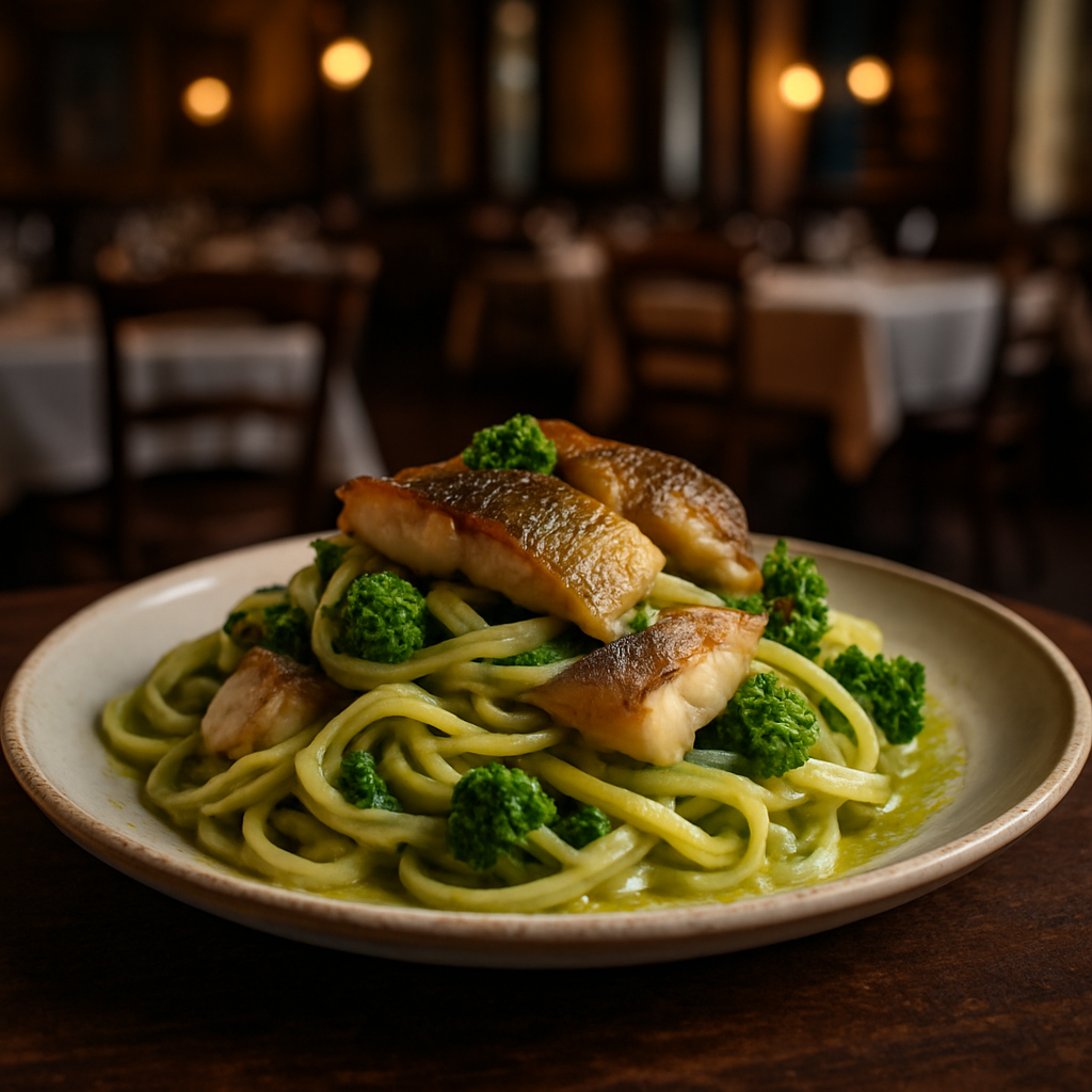 A plate of pasta with turnip greens and croaker fish, showcasing vibrant colors and textures.