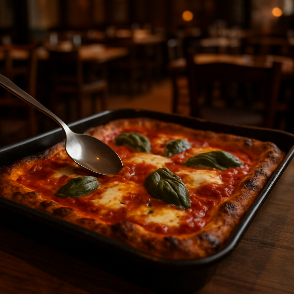 A delicious homemade pizza baked in a pan with a golden crust.