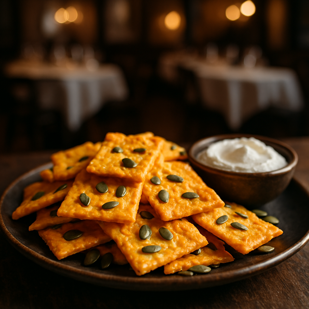 Golden and crispy pumpkin crackers served with creamy cheese.