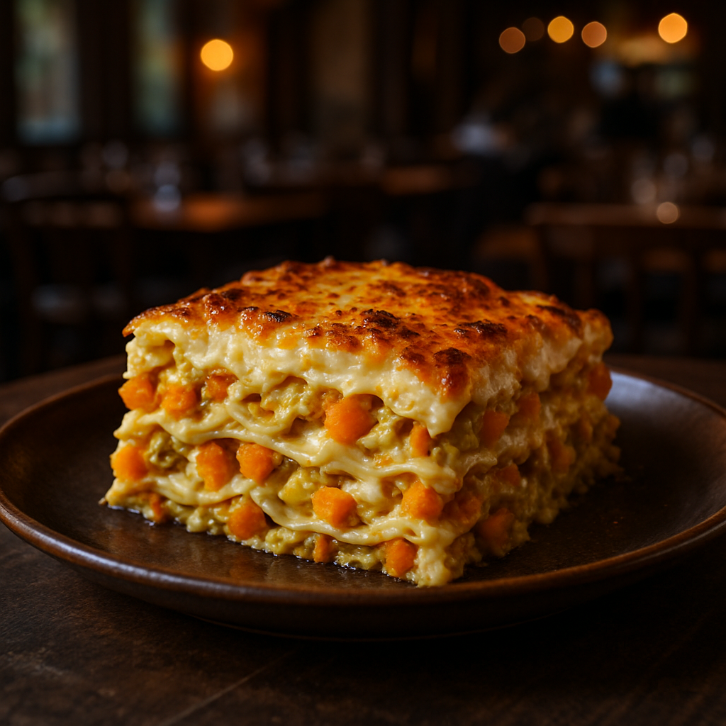 A delicious slice of pumpkin and leek lasagna, showcasing layers of pasta, creamy béchamel, and golden cheese.