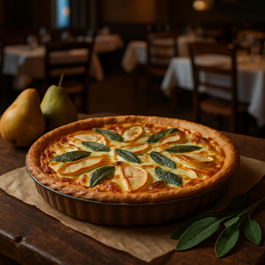A savory quiche with pears, sage, and melted Fontina cheese.