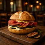 Salami sandwich with provolone cream and grilled eggplants on a wooden board.