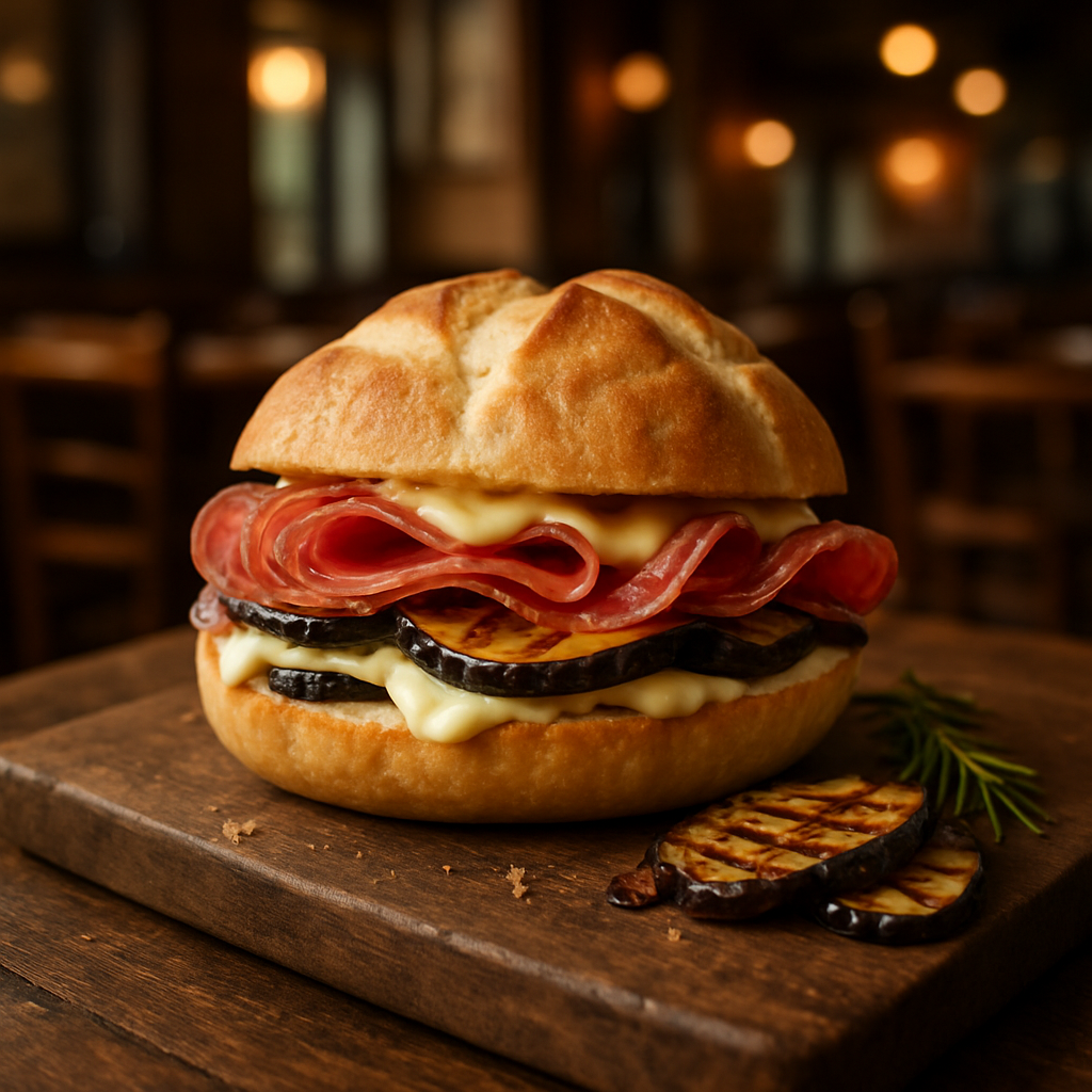 Salami sandwich with provolone cream and grilled eggplants on a wooden board.