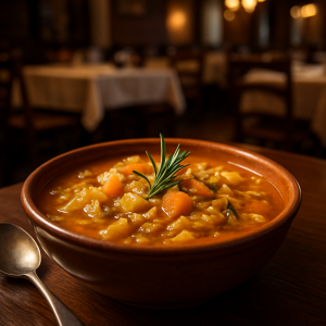 Bowl of cabbage and pumpkin soup garnished with rosemary.