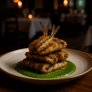 Stuffed fried anchovies with fennel sauce.