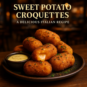 Golden sweet potato croquettes with a cheesy center.