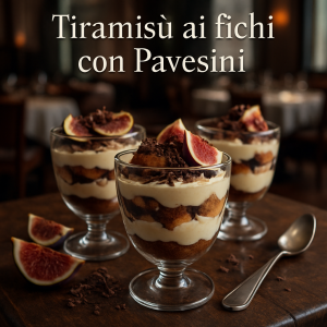 Tiramisù with figs and Pavesini served in elegant cups.