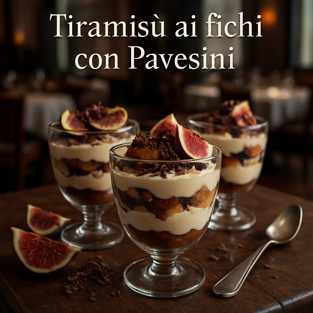 Tiramisù with figs and Pavesini served in elegant cups.