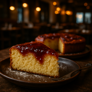 A slice of Torta 5 Minuti alla Marmellata with raspberry jam topping.