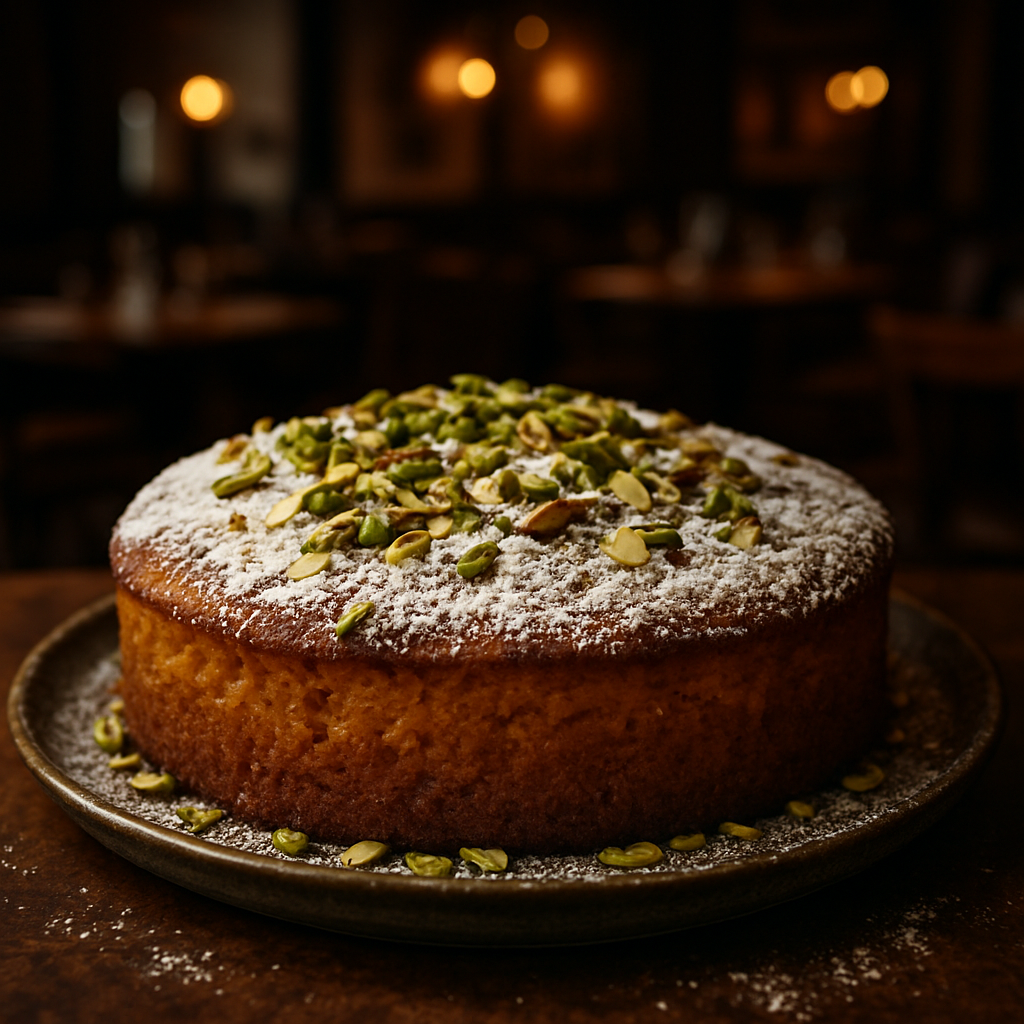 Torta Autunno cake with pistachios and powdered sugar.