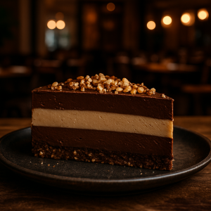 A slice of Torta Cremino, showcasing its three creamy layers.