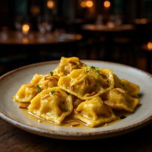 A plate of homemade Tortelli di Zucca alla Mantovana with a lemon zest garnish.