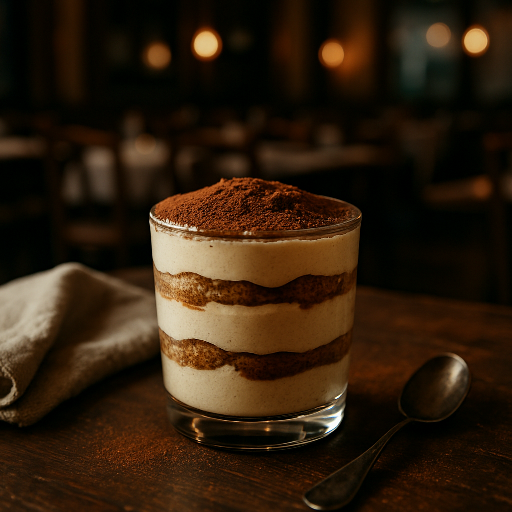 A glass of vegan cashew tiramisu with layers of coffee-soaked biscuits and creamy cashew filling.