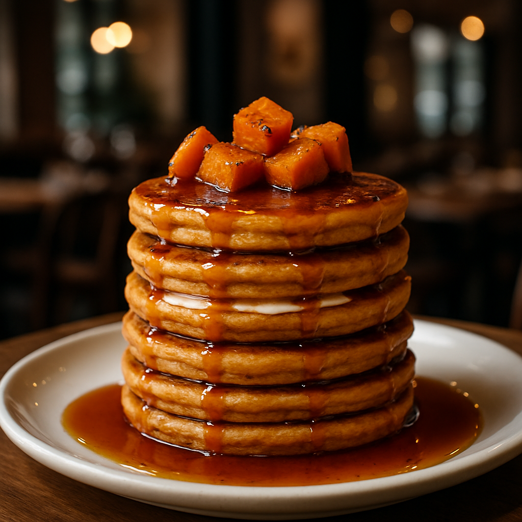 A stack of vegan pumpkin pancakes topped with maple syrup and pumpkin cubes.