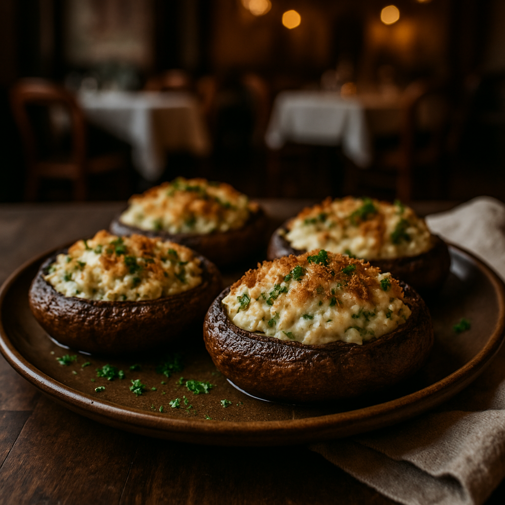 Vegetarian stuffed Portobello mushrooms with ricotta and Parmesan.