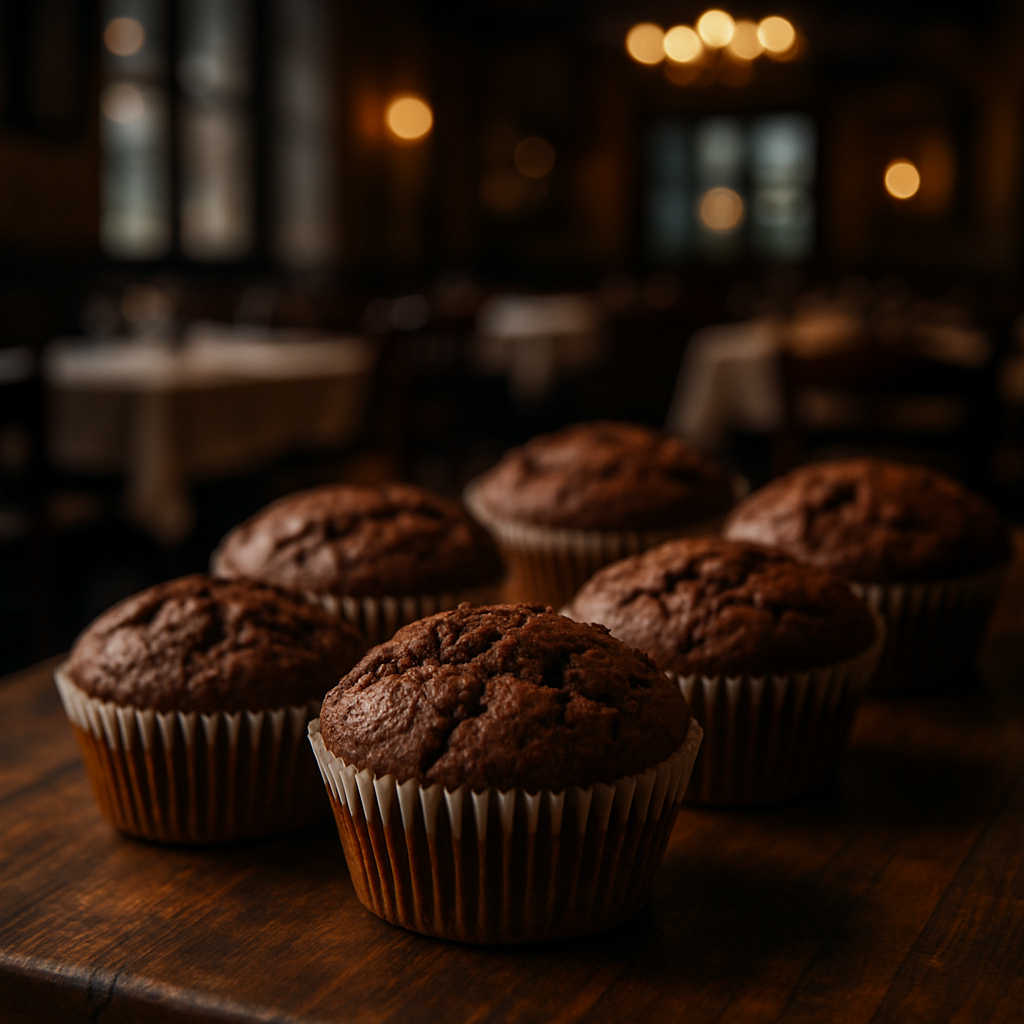Freshly baked yogurt and cocoa muffins on a wooden table.